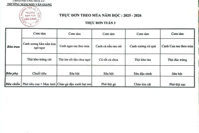 Bảng công khai thực đơn tuần 3 – tháng 4, năm 2026 (cơ sở 2)