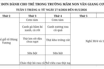 Bảng công khai thực đơn tuần 5 – tháng 4, năm 2026 (cơ sở 2)
