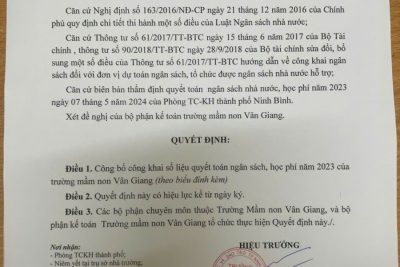 Quyết định về việc công bố công khai quyết toán NSNN, học phí năm 2023 của tường mầm non Vân Giang