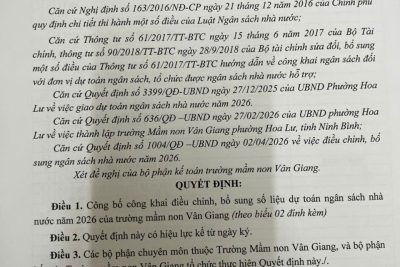 Quyết định công bố công khai điều chỉnh, bổ sung giao dự toán Ngân sách nhà nước năm 2026 của trường mầm non Vân Giang