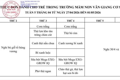 Bảng công khai thực đơn tuần 5 – tháng 4, năm 2026 (cơ sở 1)