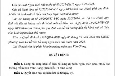 Quyết định công bố công khai bổ sung dự toán ngân sách năm 2026 của trường mầm non Vân Giang